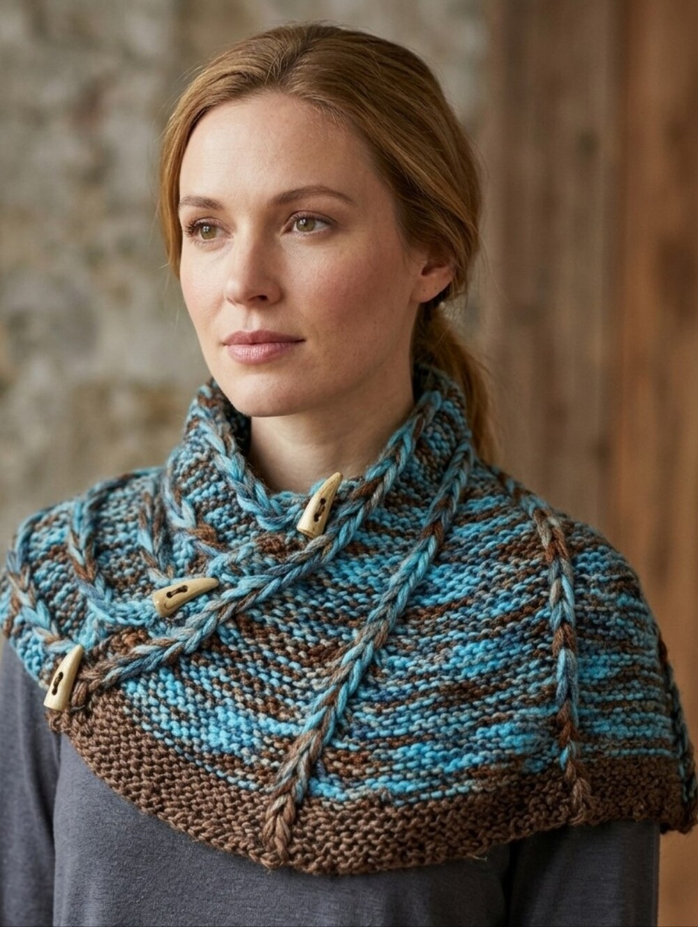 Handmade Blue and Brown Knit Dragonwing Cowl OSFM